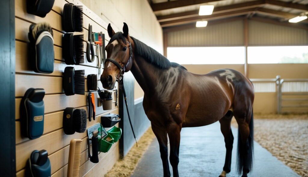  A horse stands in a well-lit, spacious stable, being groomed with neatly organized brushes, combs, and grooming supplies on a wall rack