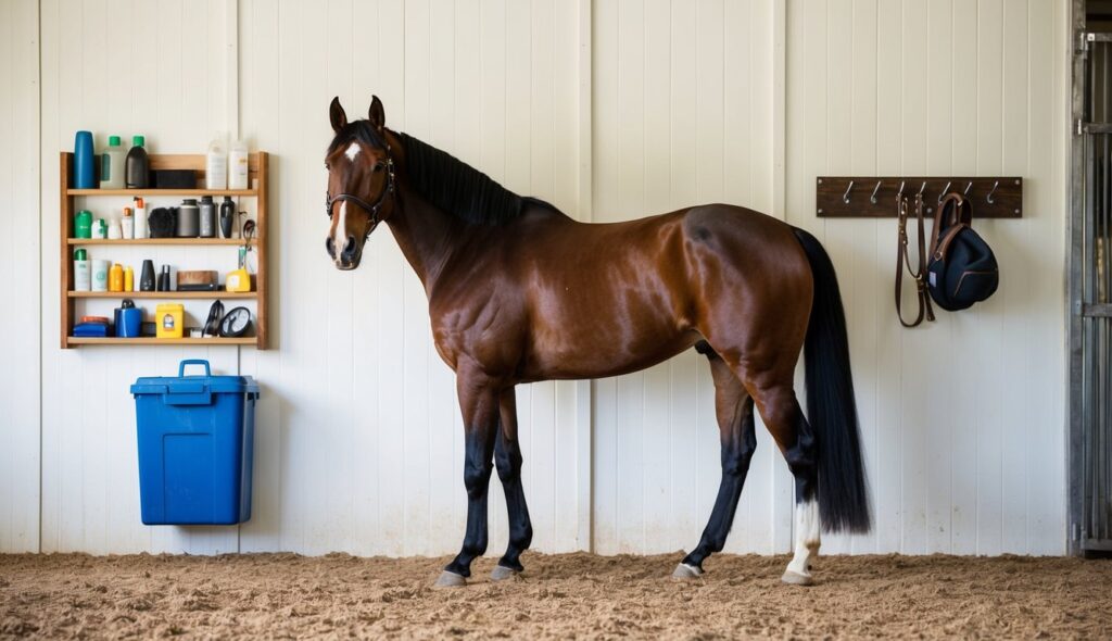 A groomed horse in a bright, roomy stable with organized grooming supplies on a wall rack