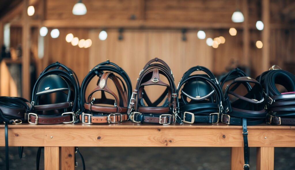 A collection of specialized equestrian bridles arranged neatly on a wooden display, each with unique features for different types of riding