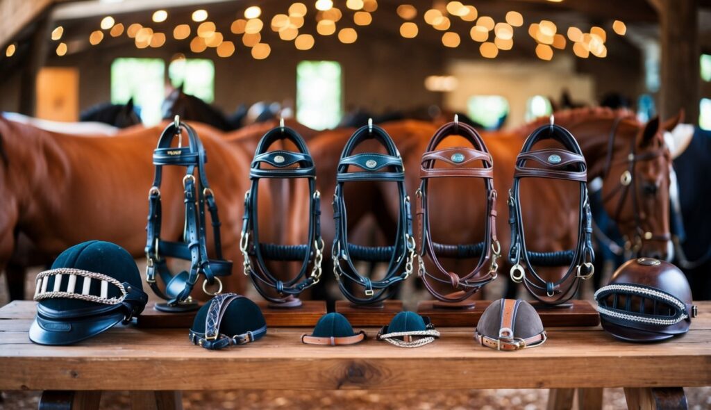 Various equestrian bridles displayed on a wooden table