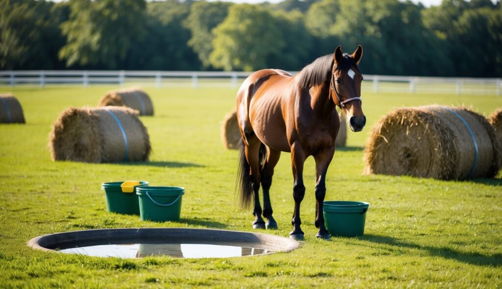 A horse standing in a lush pasture, surrounded by bales of hay and buckets of grain, with a clear water trough nearby