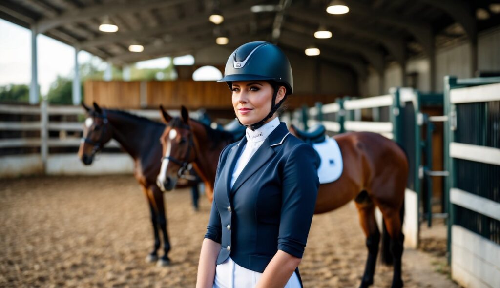 A rider in a sleek equestrian helmet stands among horses and stables, exuding both safety and style