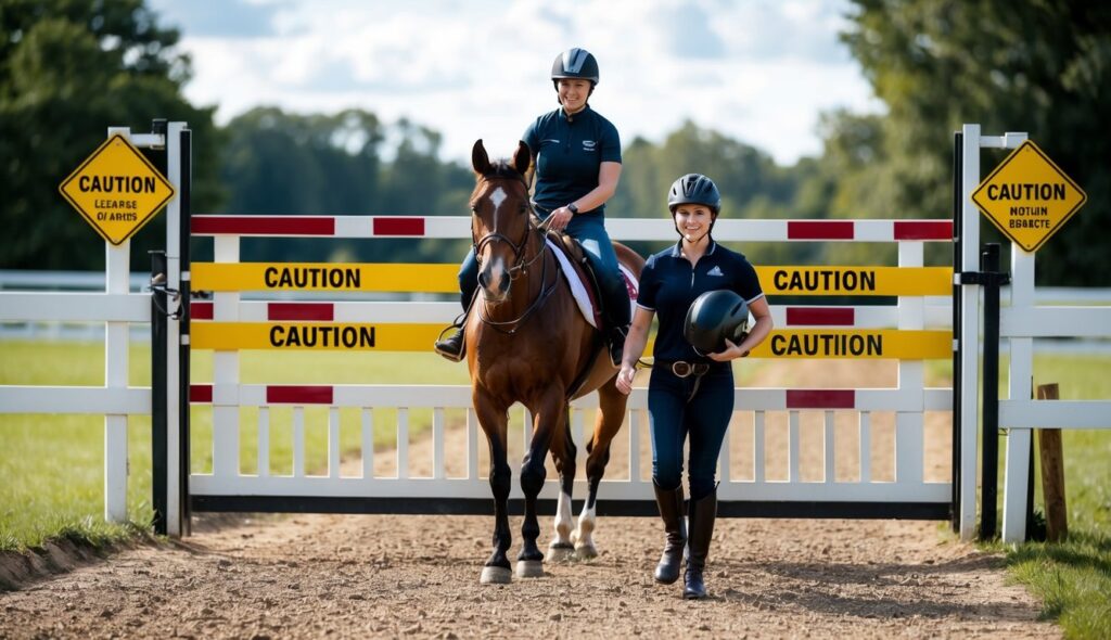 A rider leads a horse through a gate with caution signs, holding a helmet in hand