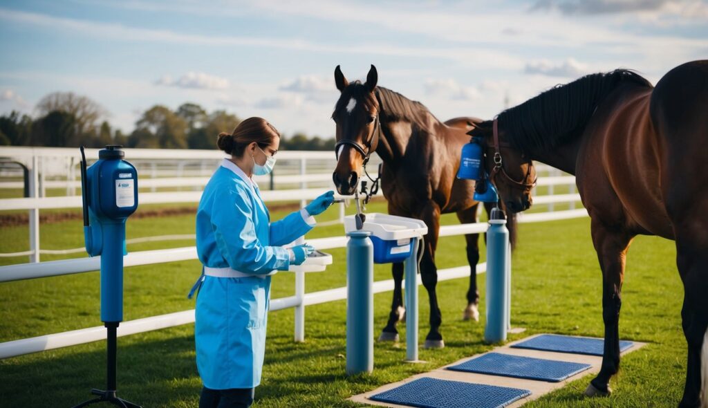  A veterinarian examines a horse while biosecurity measures, such as disinfectant mats and handwashing stations, are in place nearby