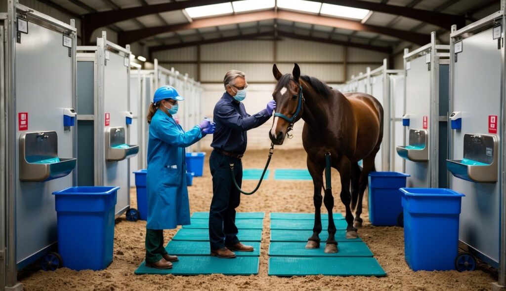 A veterinarian examines a horse, surrounded by biosecurity measures like disinfectant mats and handwashing stations