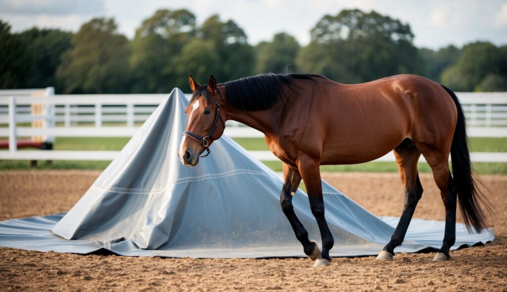 A horse cautiously approaches a tarp blowing in the wind in a round pen, ears pricked forward and eyes wide with curiosity and caution