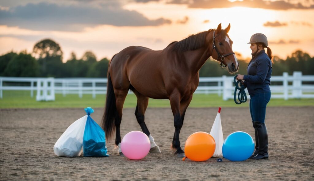 A horse calmly approaches a variety of scary objects, including plastic bags, umbrellas, and balloons, as a trainer uses positive reinforcement techniques