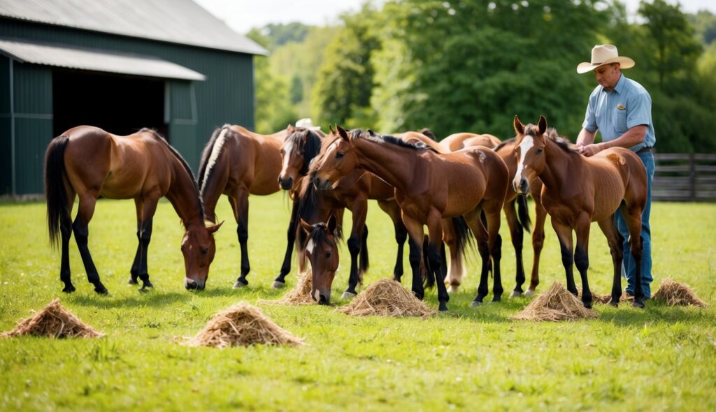 A group of weanling horses grazing in a lush, green pasture with a barn in the background. They are being fed a balanced diet of hay and grain by a caretaker