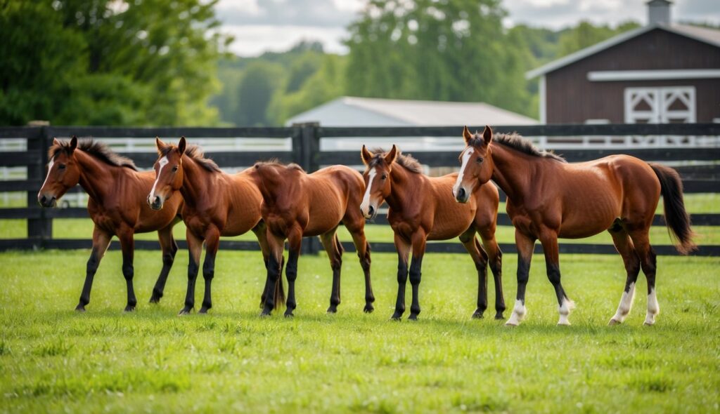 A group of weanling horses grazing in a lush green pasture, with a sturdy fence and a barn in the background